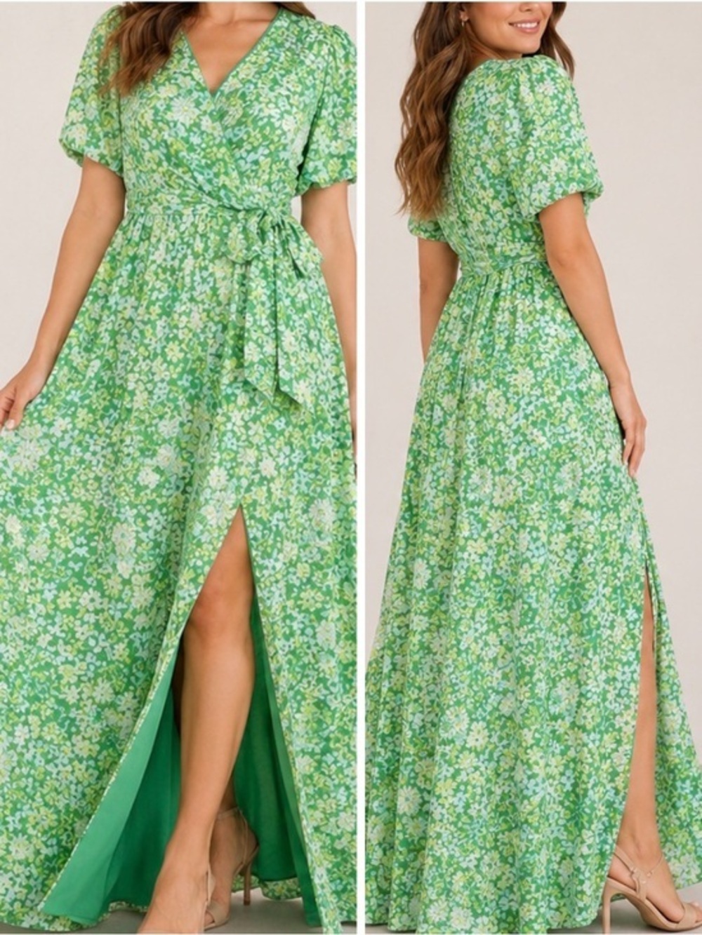BTFL-Life V-Neckline Kyla Green Cottagecore Floral V-Neck Maxi Wrap Style Dress